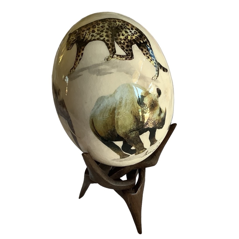 Signed Handpainted Ostrich Egg with Stand Sherry Rowe